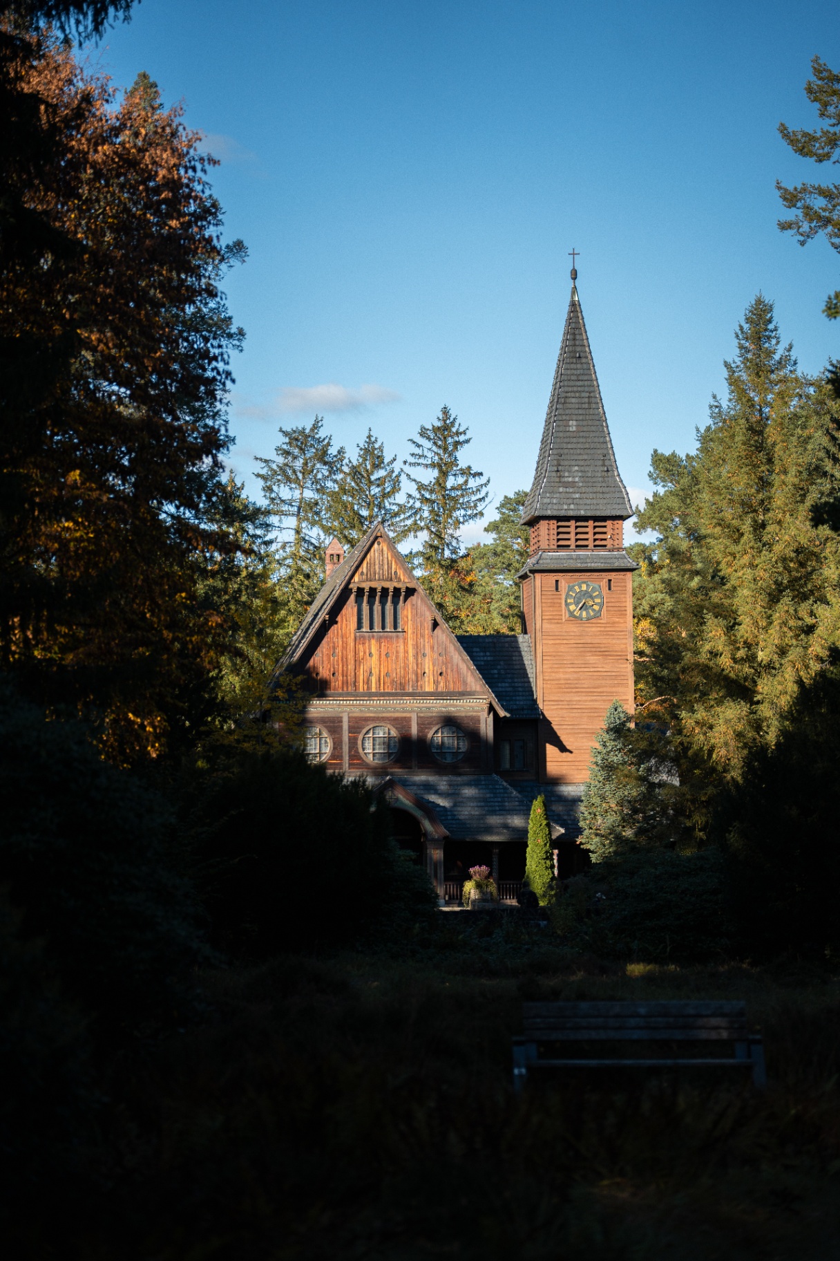 Wooden chapel among the pines